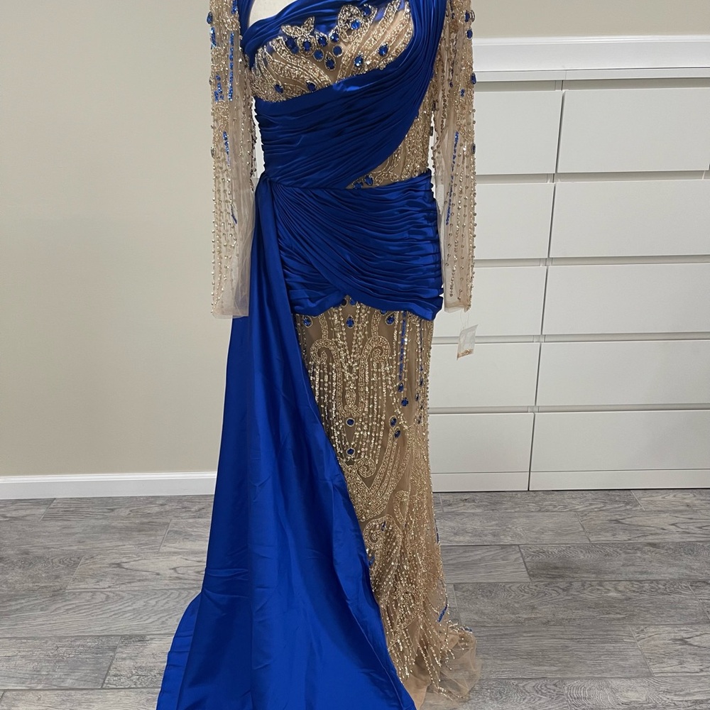 Elegant Blue and Gold Evening Gown
